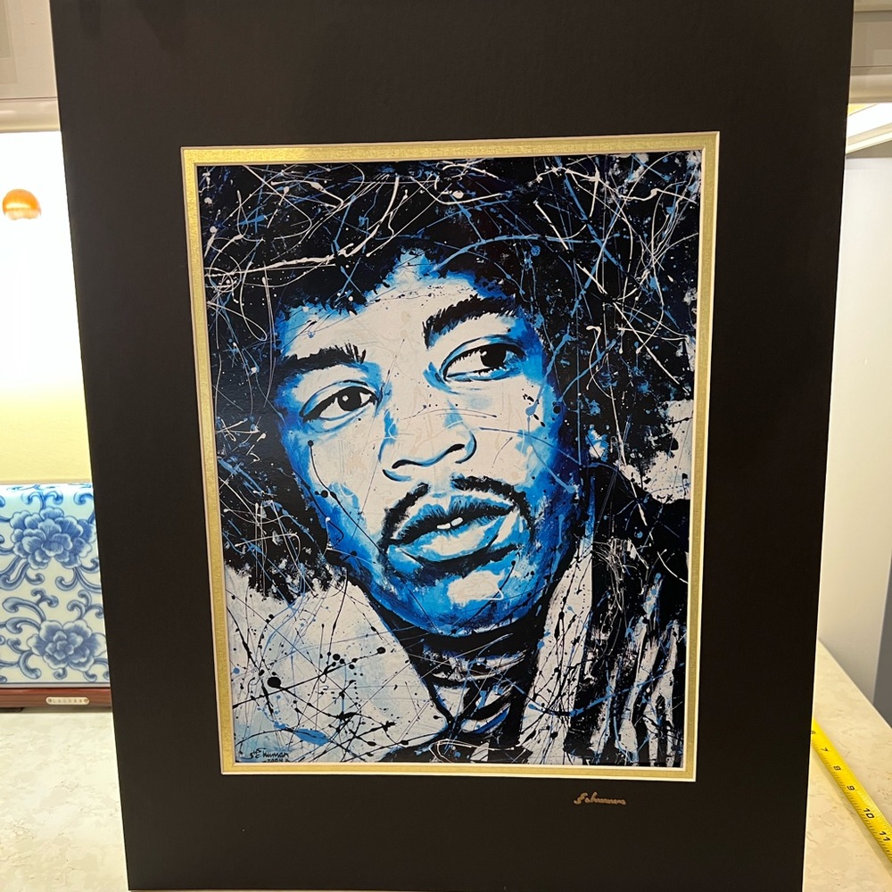 Jimi Hendrix In Blue Portrait By Steven Schuman Drip Paint Signed 2004 Print